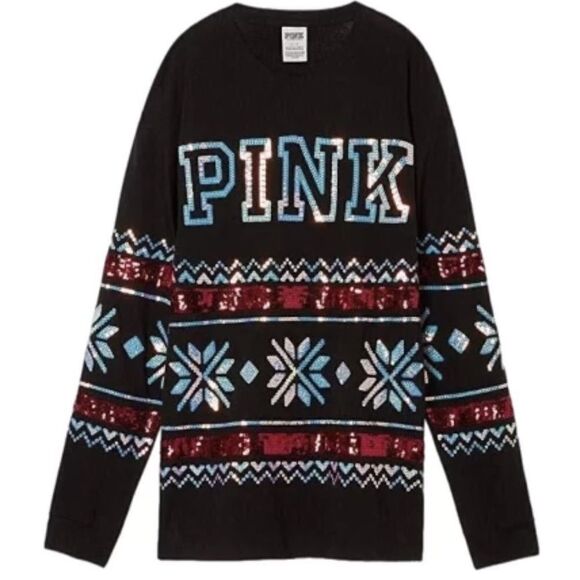 Victoria’s Secret Pink Bling Sequin Christmas Oversized tee shirt black - Picture 1 of 7